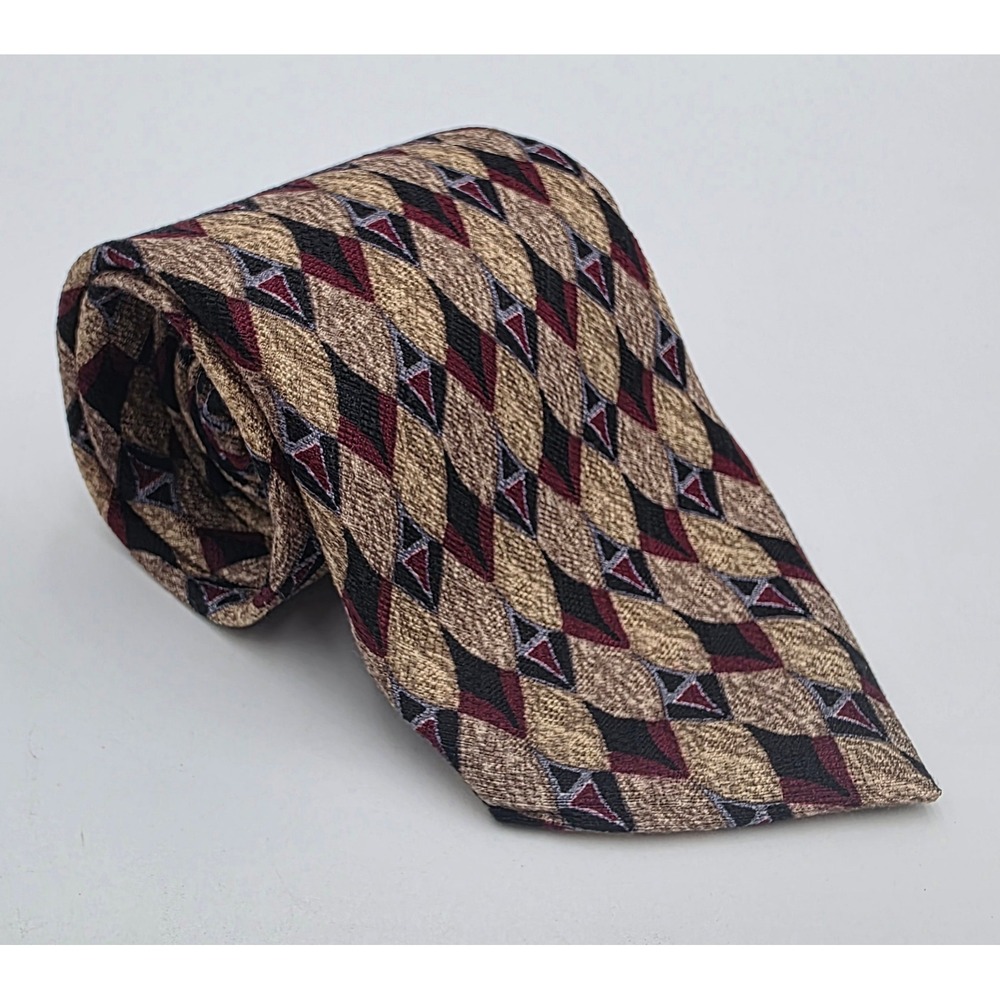 Ermenegildo Zegna Mens Silk Tie Gold Burgundy Black Geometric Diamond Made Italy